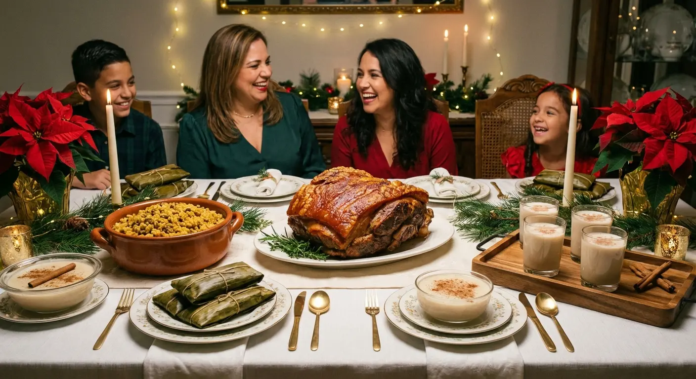 Traditional Puerto Rican Nochebuena dinner spread